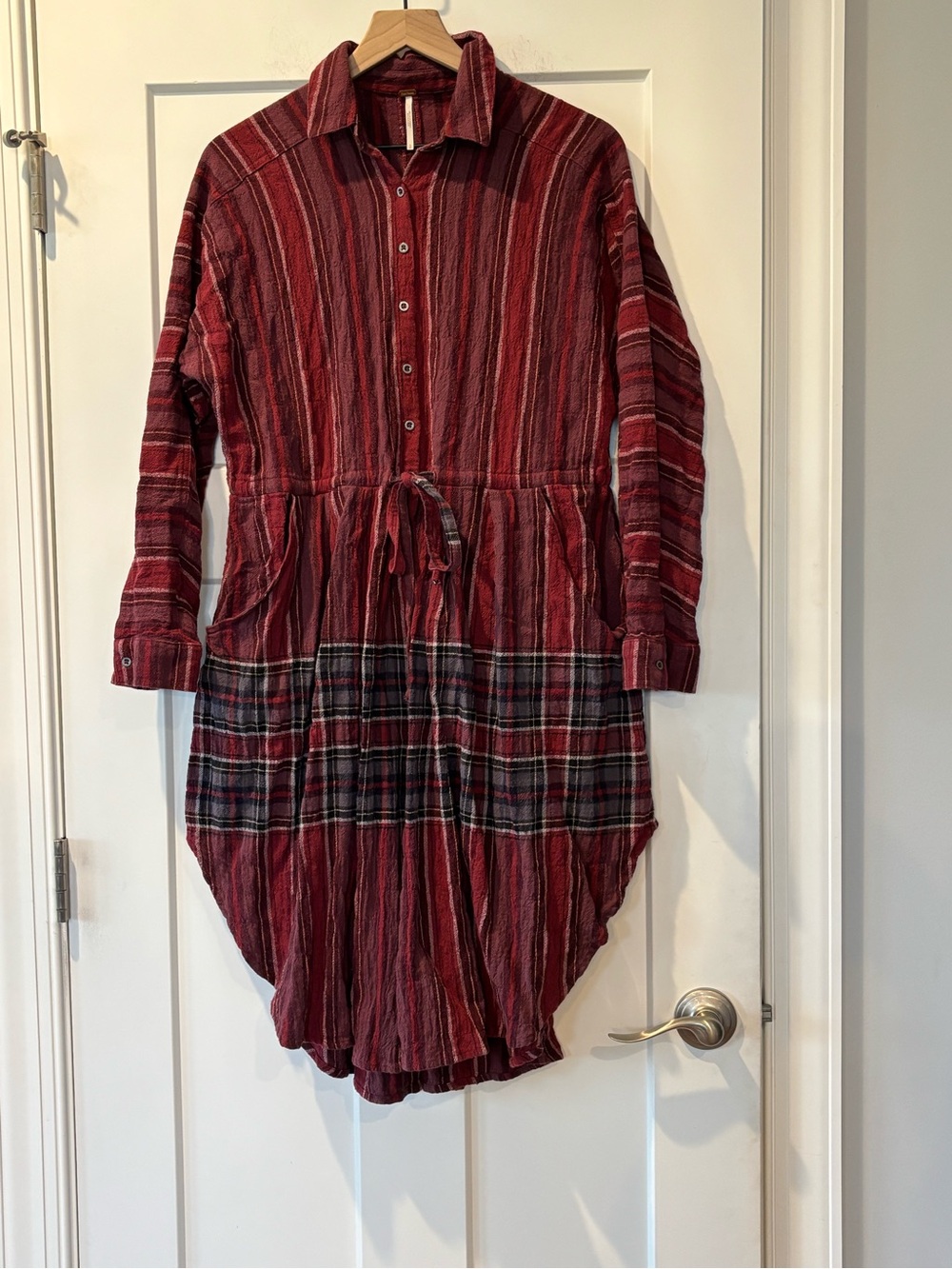 Free People Red Burgundy Long Sleeve Button Front Striped Plaid Shirt Dress S